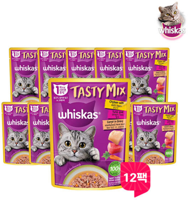 위스카스 테이스티믹스 닭고기&참치와 당근 in 그레이비 70g 12팩, 닭, 12개