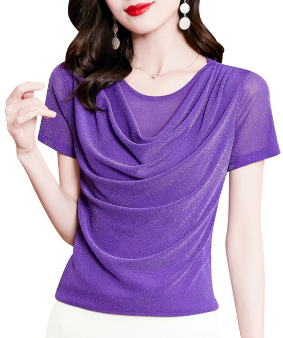 여성 글리터 펄 셔링 라인 댄스복 반팔 티셔츠 라틴 재즈 밸리 줌바댄스 스포츠댄스복 상의, 퍼플