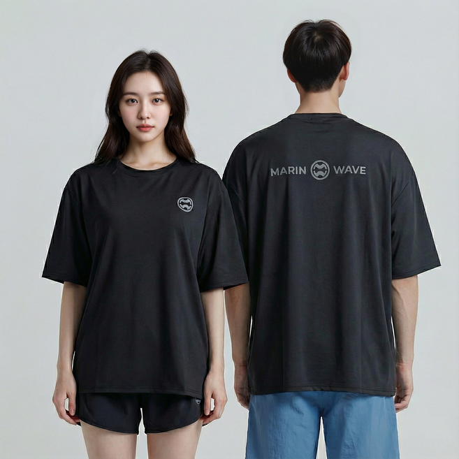 마린웨이브 남녀공용 반팔 루즈핏 래쉬가드 수영복 상의 티셔츠, 블랙