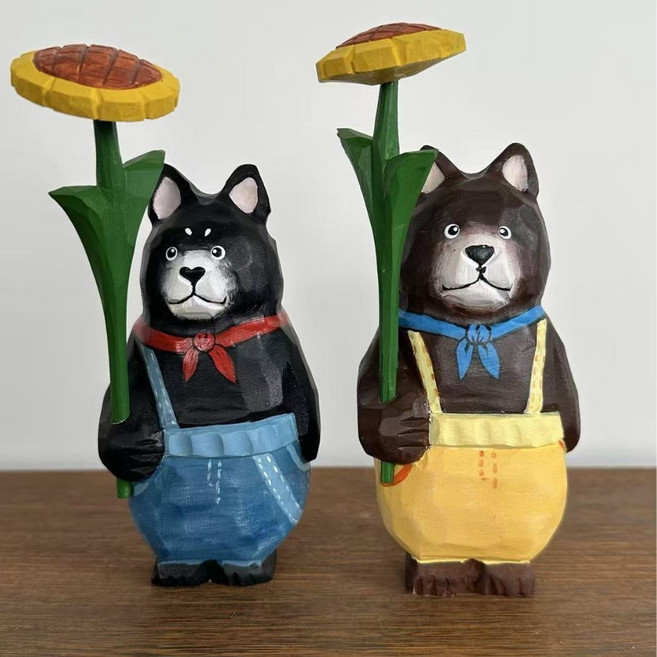 木雕向日葵熊擺件 創意桌面裝飾品 手工藝品 家居裝飾, N/A