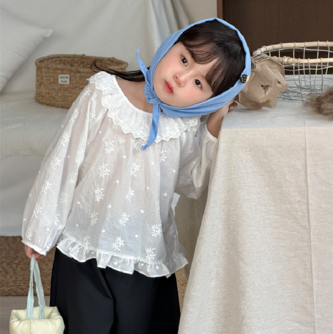 제시블라우스 키즈 유아동 여아 레이스 카라 자수 긴팔 상의