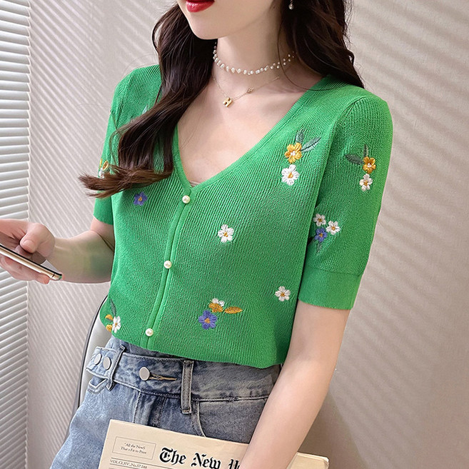 여성용 브이넥 플라워 자수 반팔 아이스 니트티