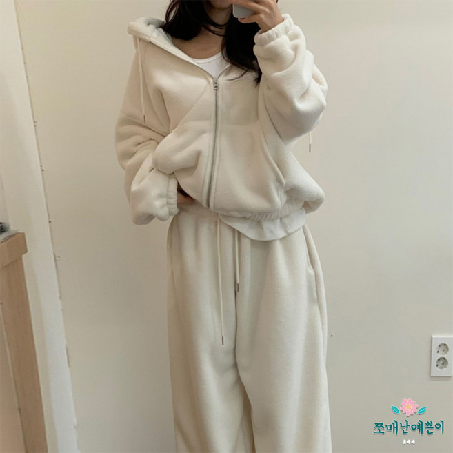 쪼예 [투피스] 도톰 플리스 기모 투웨이 후드 집업 밴딩 팬츠 세트