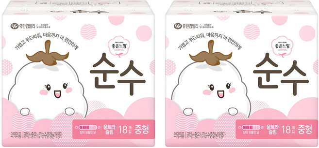 좋은느낌 순수 울트라 슬림 생리대 날개형, 중형, 18개입, 2개