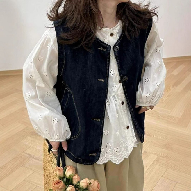 Makone 여성 스쿨룩 빈티지 데님 베스트 캐주얼 청조끼 심플