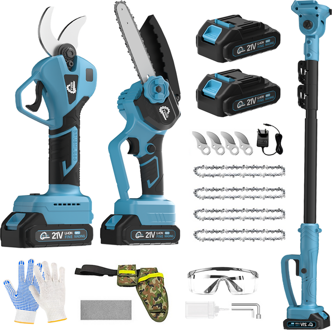 YUON 충전식 다용도 20.32cm 무선 전기톱 연장 장대 무선 전동 가지치기 전지 가위 3IN1 BLDC 21V 풀세트+전용가방, 1개