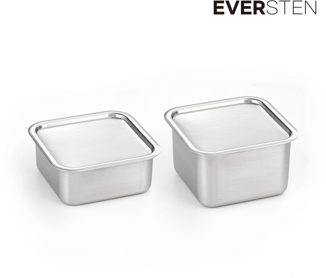 에버스텐 큐브 사각 스텐 반찬통 김치통 밧드 소 중 대 2종, 큐브 중 2종+스텐망 중, 1세트