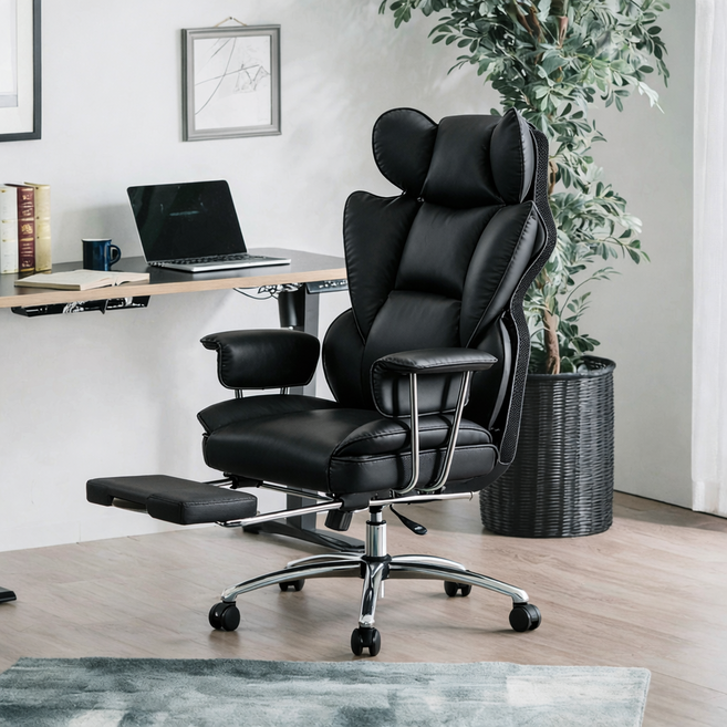 CoolHut 컴퓨터의자 침대형 리클라이너 게이밍 의자 고급가죽 사무용 PC방용 컴퓨터 게임용 의자 사무용 컴퓨터 의자, 블랙