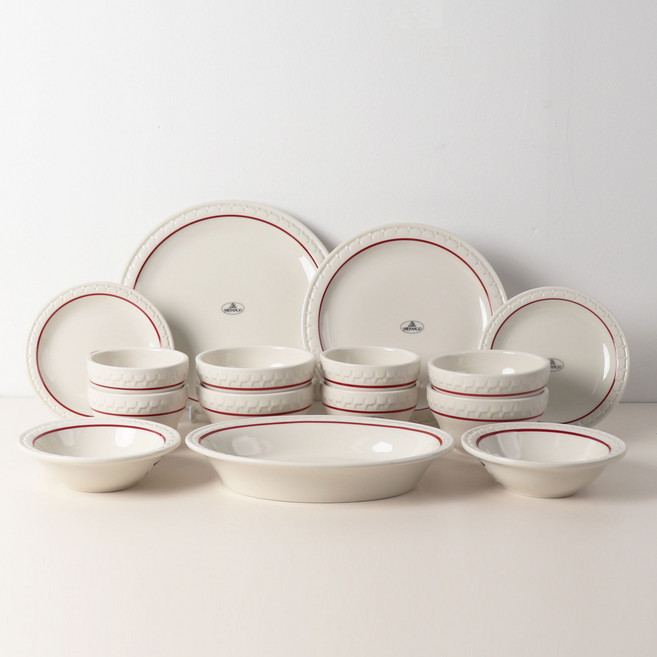 시라쿠스 쉐난고 카디날 4인 그릇세트, 1세트, 15p, 화이트&버건디라인