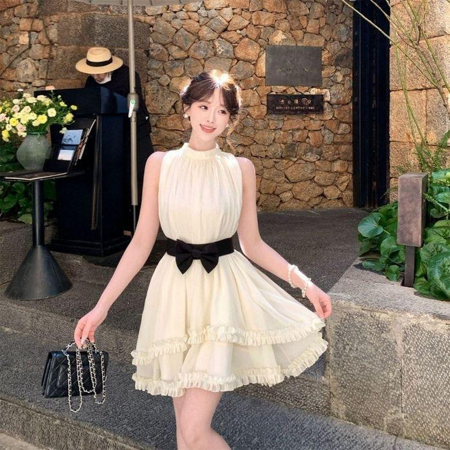 法式復古風無袖蝴蝶結連衣裙, 杏色