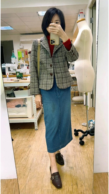 女裝全裡西裝領對格立式口袋外套(咖啡格紋樣衣) 經典格紋 時尚百搭