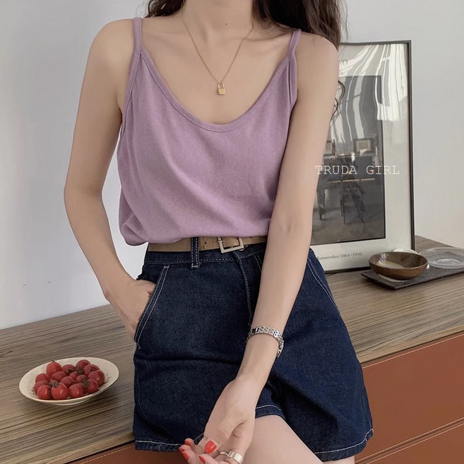 《杜達女孩》涼夏15色必備 V領竹節棉細肩帶涼感背心 寬鬆上衣 女