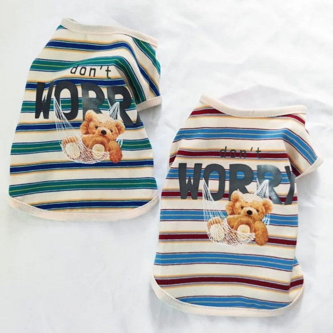 MOSAIRATION 애견 스트라이프 곰돌이 프린트 티 춘추 캐주얼 면 라운드 H10, 레드, 1개