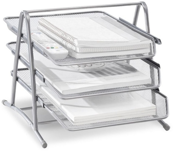 사무실 3단 철망 메쉬 서류 정리대 실버 데스크 책상 수납 슬라이딩 트레이 보관함 서류트레이