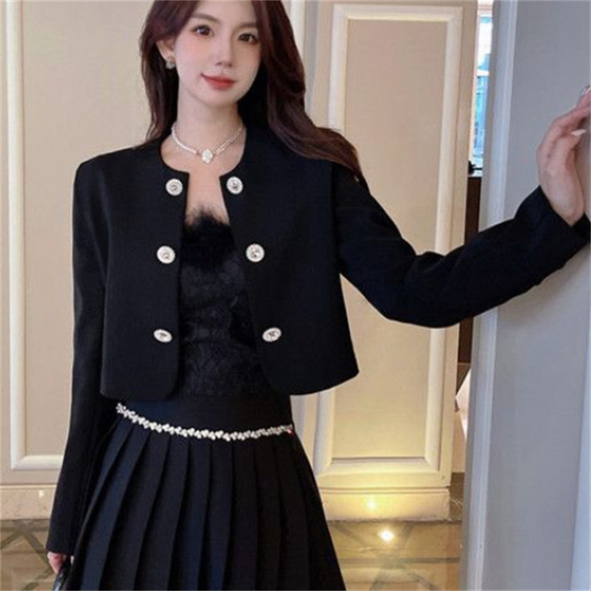 TKX 여성용 짧은 자켓 봄 가을용 우아한 스타일 라운드넥 장식 단추 아우터 K71