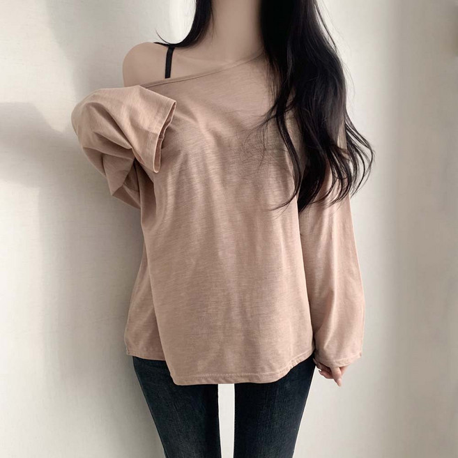 찰랑하늘원단 비치티셔츠 여름긴팔티 오버핏 오프숄더 비치티셔츠 보트넥 슬라브 긴팔티셔츠