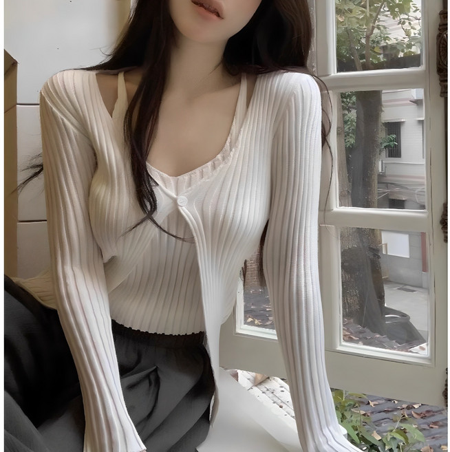 쪼예 페이크 투피스 섹시 브이넥 나시 골지 가디건