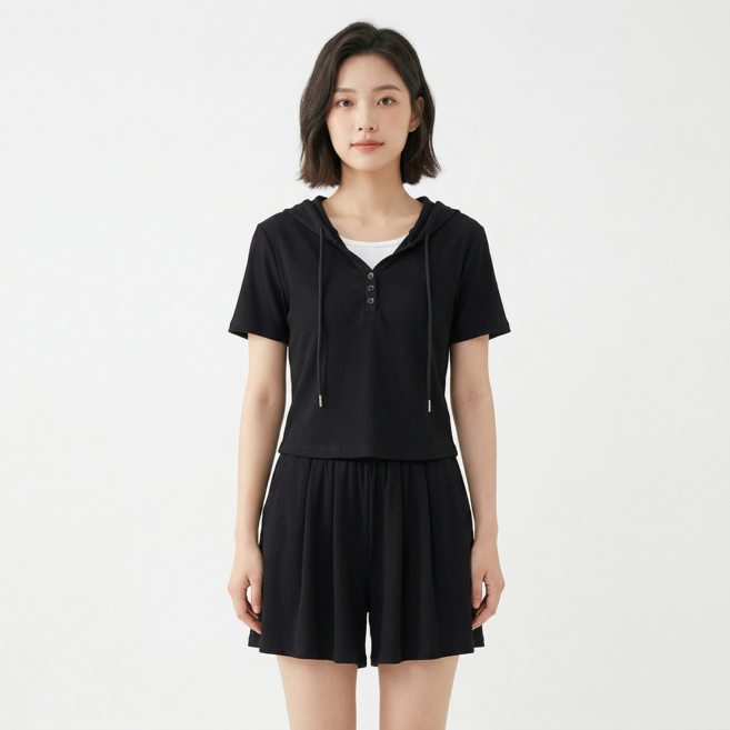 ANYOU 여름 후드 여성트레이닝세트 캐주얼 편한 페이크 투피스 반팔 세트