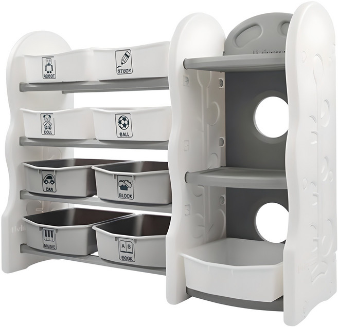 펀키즈 정리함 + 책장 세트, 화이트 + 그레이, 4단