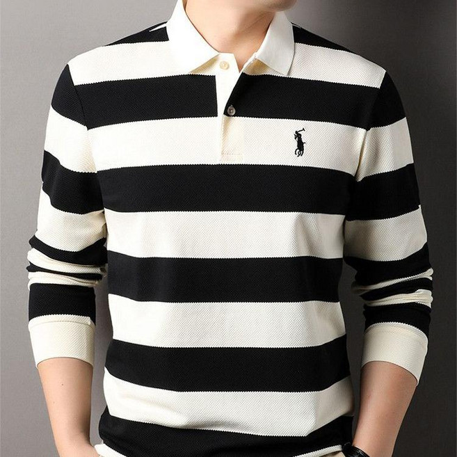 Skyciky 남성 봄가을 긴팔 폴로셔츠 자수 스트라이프 루즈핏 캐주얼 레이어드 티셔츠 트렌디 상의 MF613