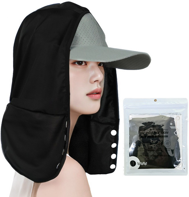 더길어진 목뒤까지 완벽가리는 후드형 단추 햇빛가리개 자외선차단 91%