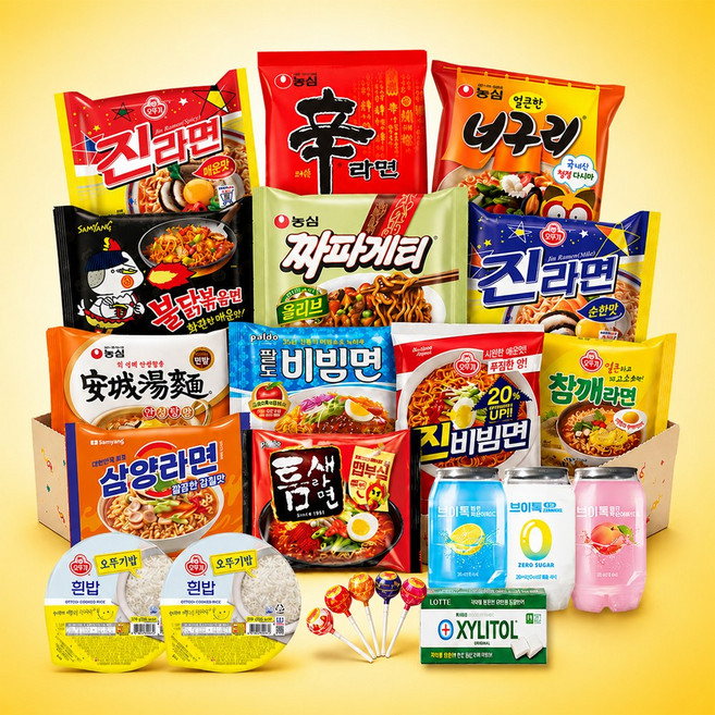 함께라면 자취생 선물세트 28p 인기라면 12종 신라면 짜파게티 비빔면 불닭볶음면 + 밥 브이톡 탄산음료 츄파춥스 자일리톨껌