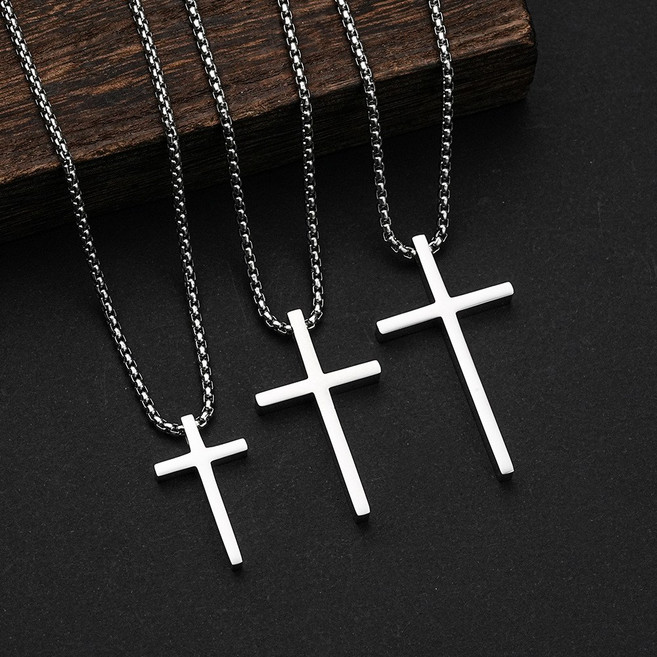 ICAN 經文刻字十字架鈦鋼項鍊, 228 方型鏈大號, 銀色