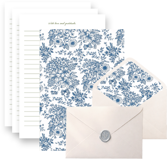 무해해 예쁜 고급 편지지 4p + 편지봉투 4p + 실링 왁스 스티커 4p 세트, 1팩, 블루플라워