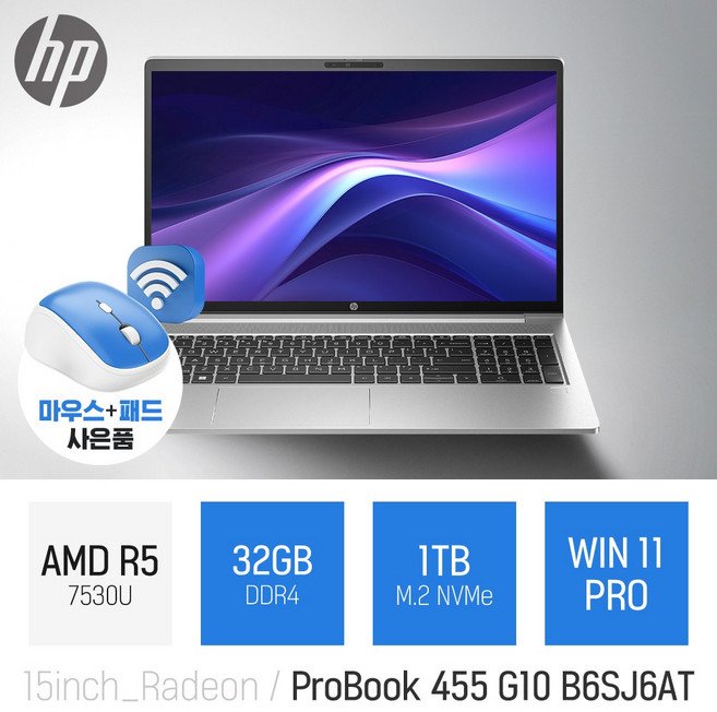 HP 프로북 455 G10 B6SJ6AT + [무선 마우스&패드 증정], 실버, 1TB, 32GB, 윈도우 11 프로
