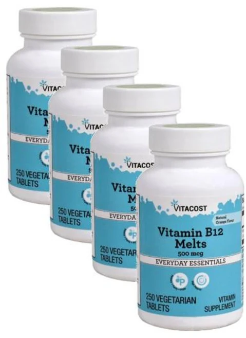 비타코스트 비타민B12 500mcg 멜트 녹여먹는 오렌지맛 타블렛 Vitacost Vitamin B-12 Melts, 4개, 250정 - 쿠팡