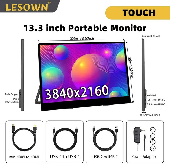 16인치 휴대용 모니터 LESOWN 13.3 인치 4K USB-C HDMI IPS 터치 1920x1080 와이드 스크린 보조 외부 디스플레이 PC용 스피커 포함, 없음, 2) 4K touch - 영국 플러그