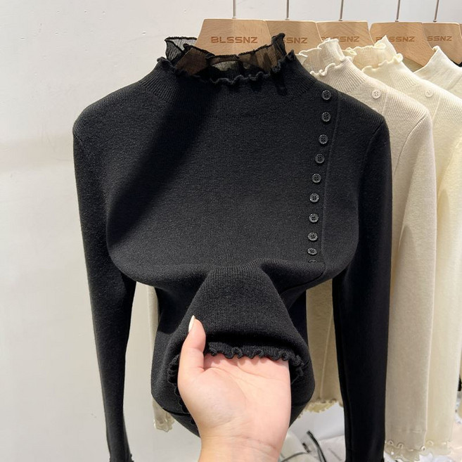 메인워크 중년여성 빅사이즈 반폴라 니트 티셔츠 긴팔 가을겨울 레이스패치 데일리 스판 이너티셔츠 통통한여자 엄마 간절기 베이직 상의