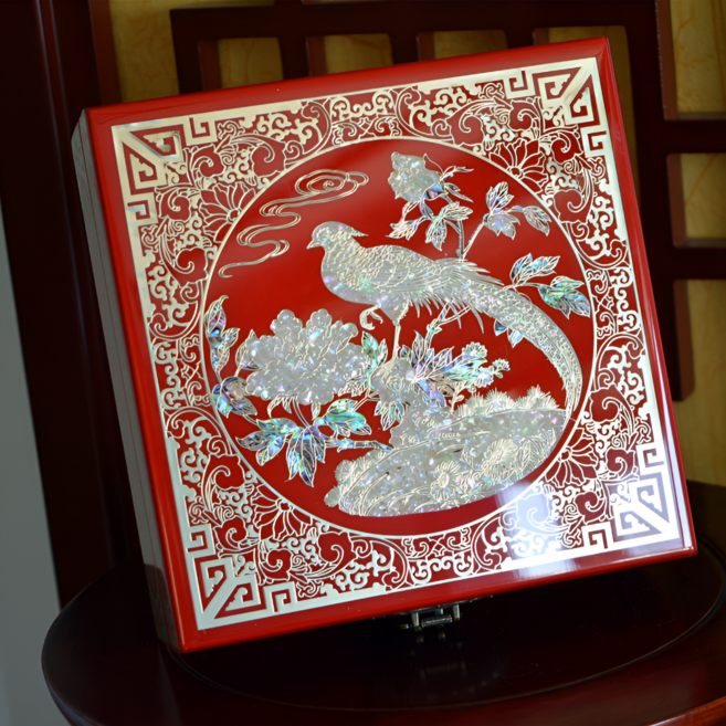 픽앤모어 무형문화재 장인 수공예 19cm 대형 자개 어버이날 선물 전통 자개공예 보석함, 1개, 원앙과 모란 - 빨강