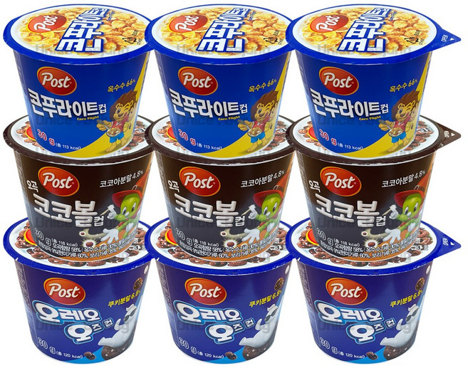 동서 포스트 컵시리얼 ( 콘푸라이트 3 + 오레오오즈 3 + 오곡코코볼 3 ), 9개, 30g