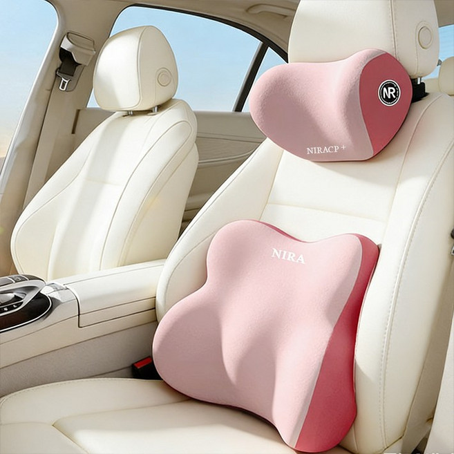 컬러 블록 부드러운 메모리폼 자동차 허리 & 목 받침 세트, 1개, 핑크 컬러 블록