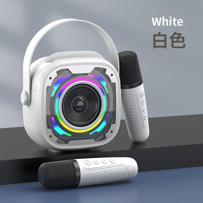 跨境V11無線藍牙迷你音箱帶話筒一體K歌音響手提便攜桌面家庭ktv, 白色:V11雙麥