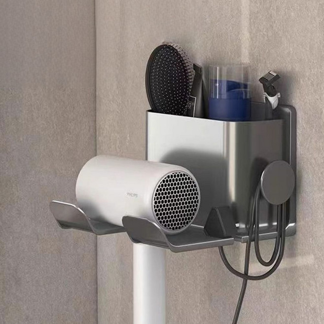 LACOAND 무타공 수납형 강력접착 벽걸이 드라이기 거치대, 1개, 메탈그레이