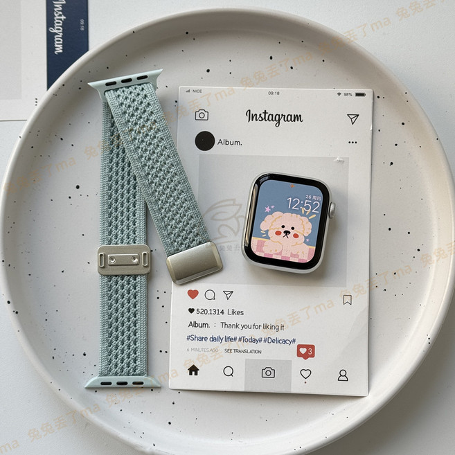 Rabbit Technolog 適用Apple Watch 蘋果錶帶 蘋果編織透氣休閒錶帶, 薄荷綠雙圈磁吸扣,38/40/4110/11代42mm, 1個