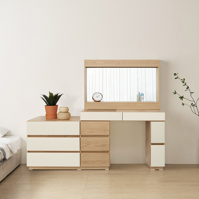 동서가구 아시엘 와이드형 화장대+조명거울 DF915010, 아이보리