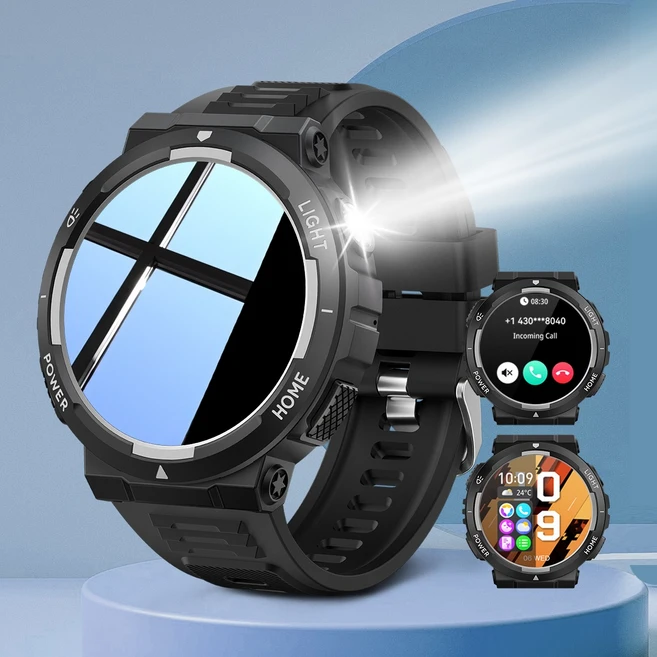 QTLLBT 스마트워치 손전등 LED 시계 30m 방수 멀티미디어 메시지 뷰어 피트니스 만보계 스포츠 스마트워치 날씨 모니터 5cm 1.53인치 스포츠 시계 남성용, Black+silver, 1.52cm, 블루투스 - 쿠팡