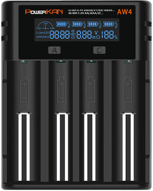 POWERKAN 스마트 만능 LCD 지능형 배터리 충전기 4구 리튬 니켈 AW4 건전지 배터리 고속충전 18650 AA AAA 21700 32650 과충전방지, 1개