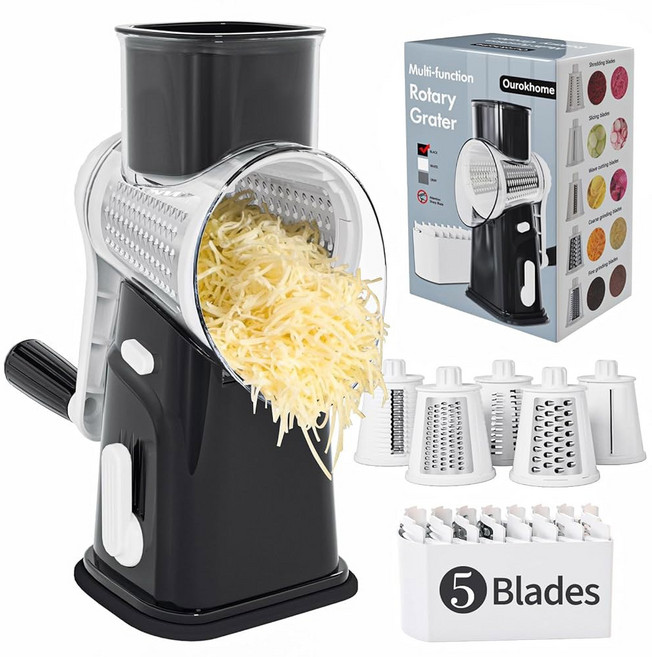 OUROKHOME 회전식 블레이드 만돌린 치즈 슬라이서 가능한 슈레더 교체 야채 강판, 블랙.
