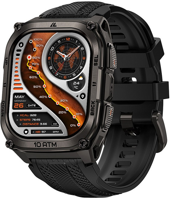 KOSPET 스테인리스 스틸 10ATM IP69K 방수 군용 인증 듀얼 주파수 GPS 오프라인 지도 500mAh 6 개의 위성 위치 결정 시스템 TANK M4 스마트워치, GPS + 블루투스, 4.98cm, black