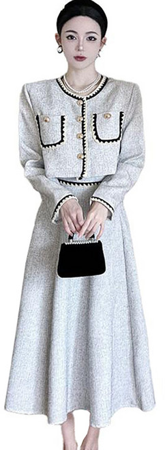 셀럽당 여성용 노카라 긴팔 크롭자켓+A라인 롱스커트 투피스 패션 세미정장세트 F01514