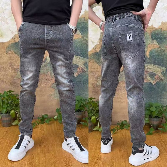 십전십미 여름 스판 캐주얼 데님 팬츠 남자 슬림 일자 밴딩 배기 바지