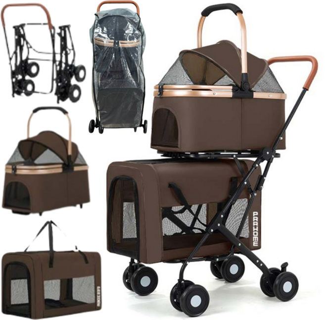프라홈 올인원 개모차 2단 분리형 폴딩 방한 우비 코트 반려동물 유모차, 브라운