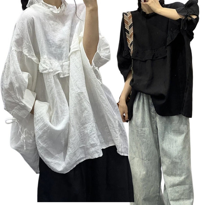 Yumico 여성 빅사이즈 루즈핏 벌룬 프릴 블라우스 봄 여름 시원한 셔링 시스루 면마 체형커버 여리핏 데일리룩 자외선차단 셔츠