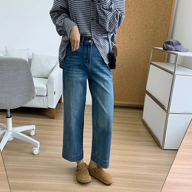 ANYOU 여성 스트레치 일자 진 하이웨이스트 빅사이즈 와이드핏 슬림핏 9부 바지 편안한 코튼 원단