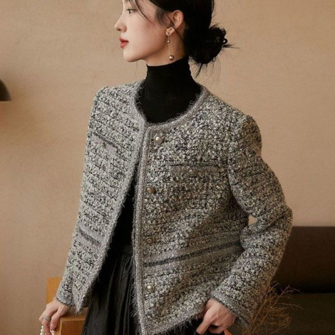 여성 라운드 러블리 고급 트위드 자켓 X01