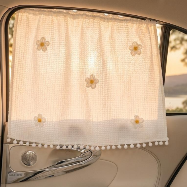 오브리버티 차량용 귀여운 감성 자수 커튼 예쁜 햇빛 가리개, 1개, 데이지